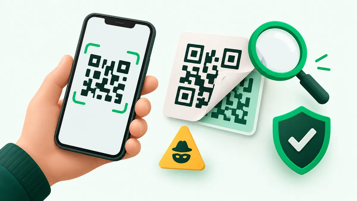 Ilustrasi: tangan memegang ponsel di depan stiker QR yang terkelupas, tanda modus penipuan QRIS palsu