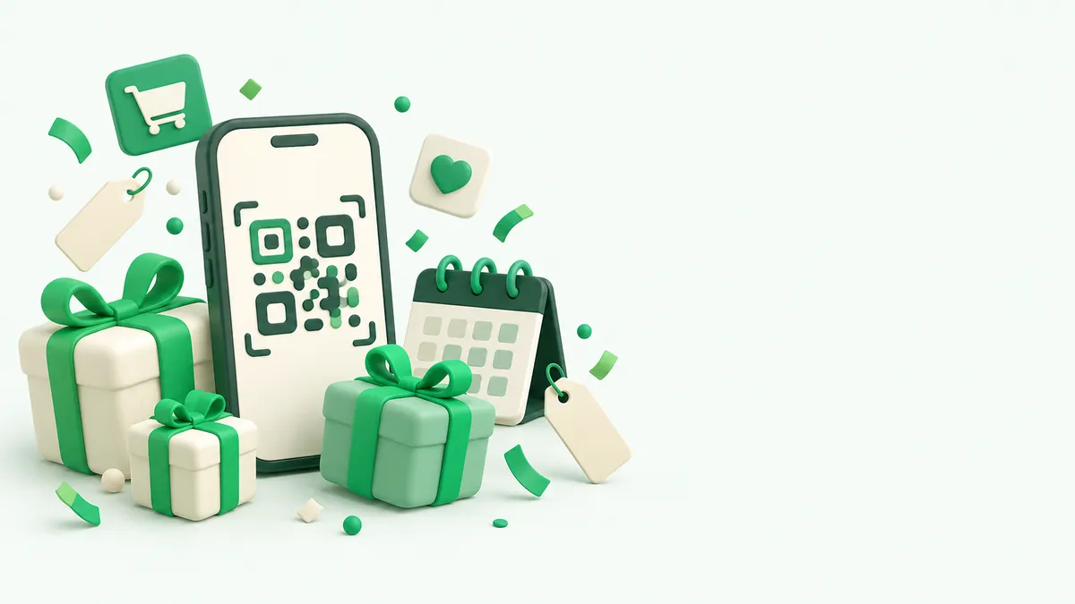 Ilustrasi: ponsel dengan kode QR abstrak, kotak hadiah, dan ikon file digital untuk promo 11.11 produk digital